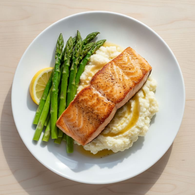 Seared Salmon with Steamed Asparagus and Garlic Mashed Cauliflower