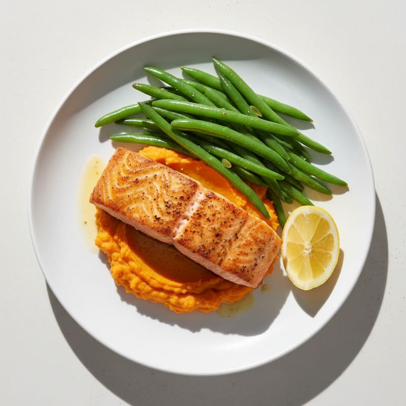 Seared Salmon Filet with Steamed Green Beans and Sweet Potato Mash