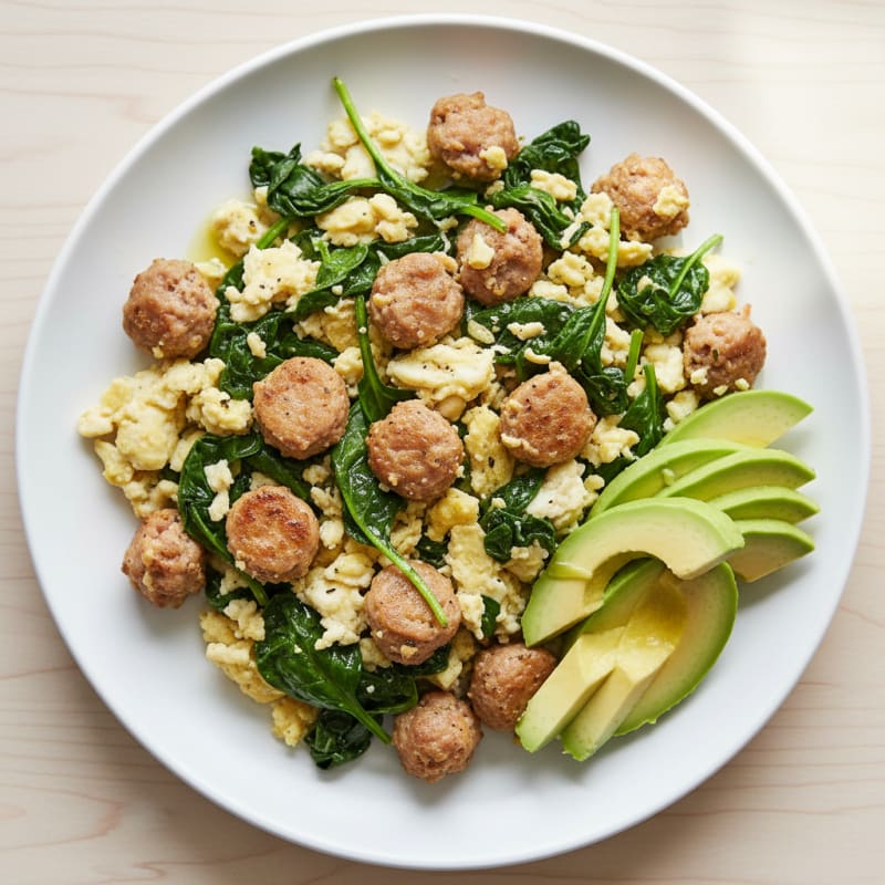 Egg White and Turkey Sausage Scramble with Sautéed Spinach