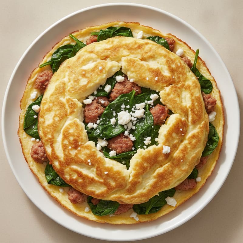 Crispy Egg White Omelet with Turkey Sausage and Sautéed Spinach