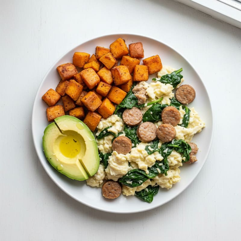 Egg White and Turkey Sausage Scramble with Sautéed Spinach