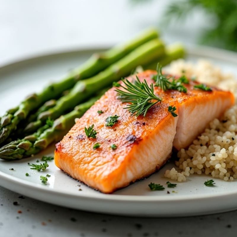 Pan-Seared Salmon with Steamed Asparagus and Herbed Brown Rice