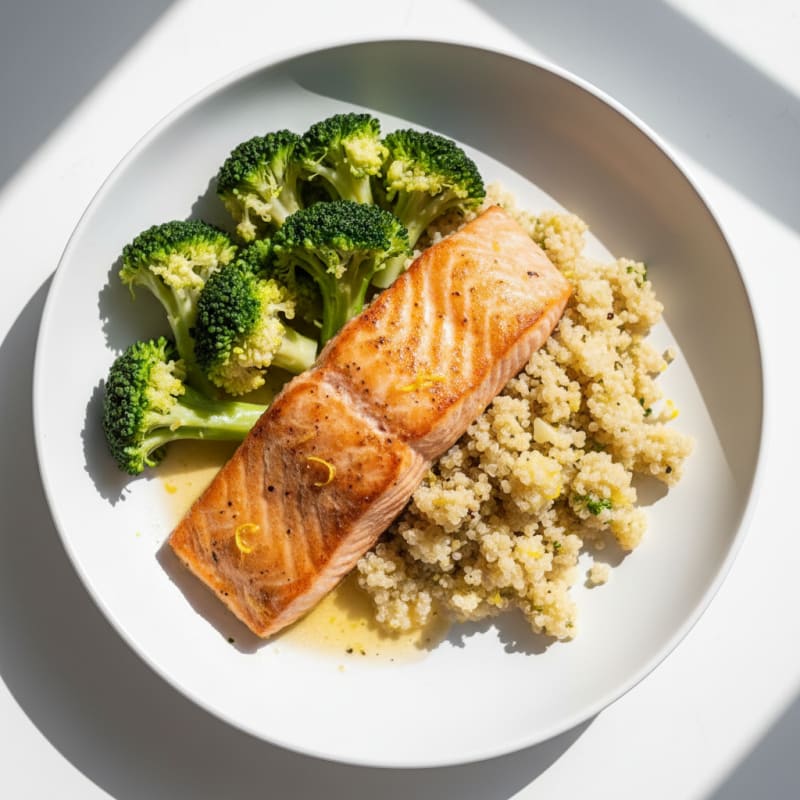 Seared Salmon with Steamed Broccoli and Lemon Quinoa