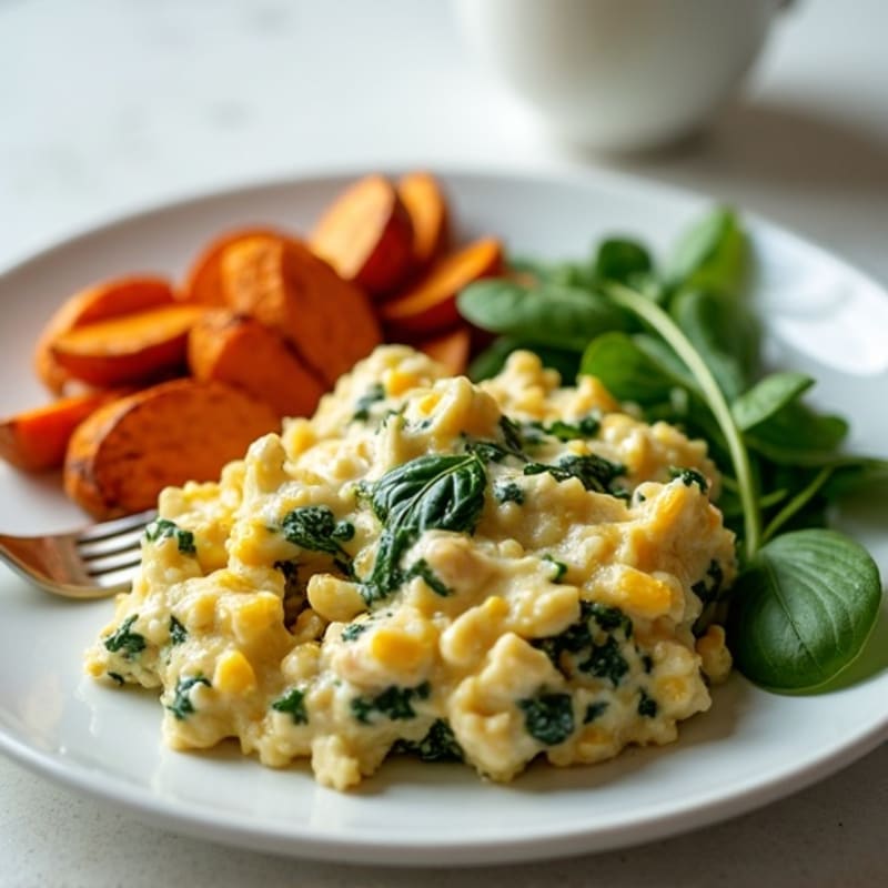 Egg White and Turkey Spinach Scramble with Roasted Sweet Potatoes