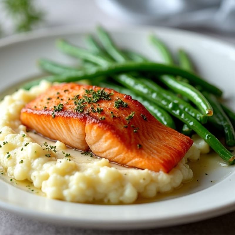 Seared Salmon with Steamed Green Beans and Garlic Cauliflower Mash