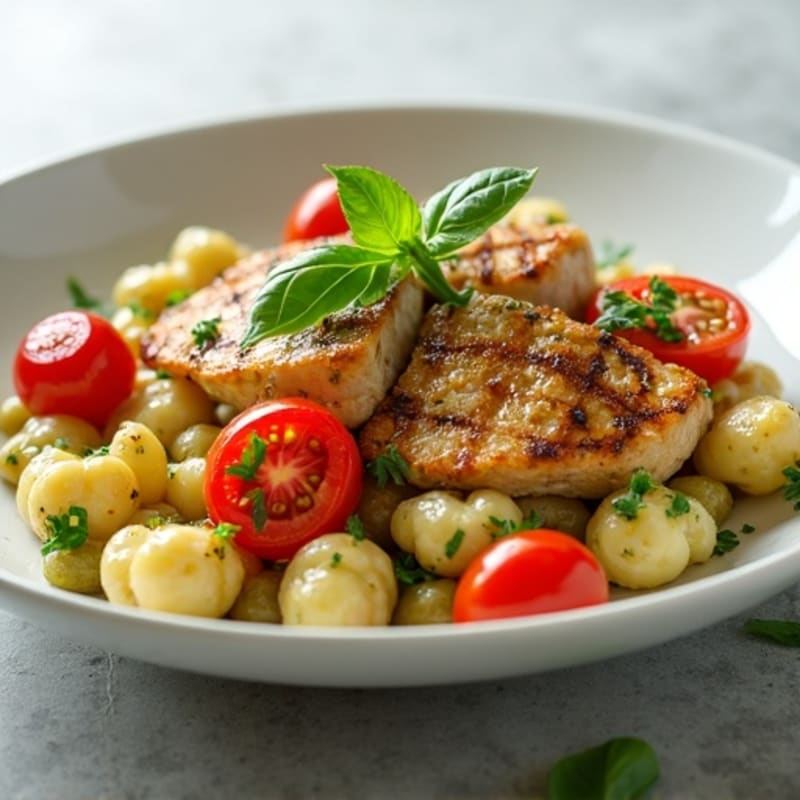 Herb-Pesto Cauliflower Gnocchi with Roasted Cherry Tomatoes and Grilled Chicken