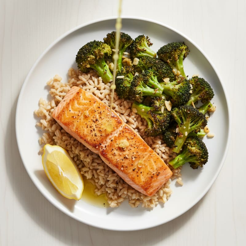 Seared Salmon with Garlic Roasted Broccoli and Brown Rice