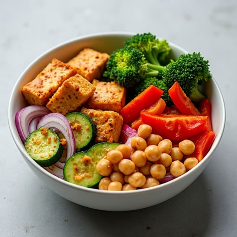 Spicy Peanut Tofu and Roasted Vegetable Buddha Bowl
