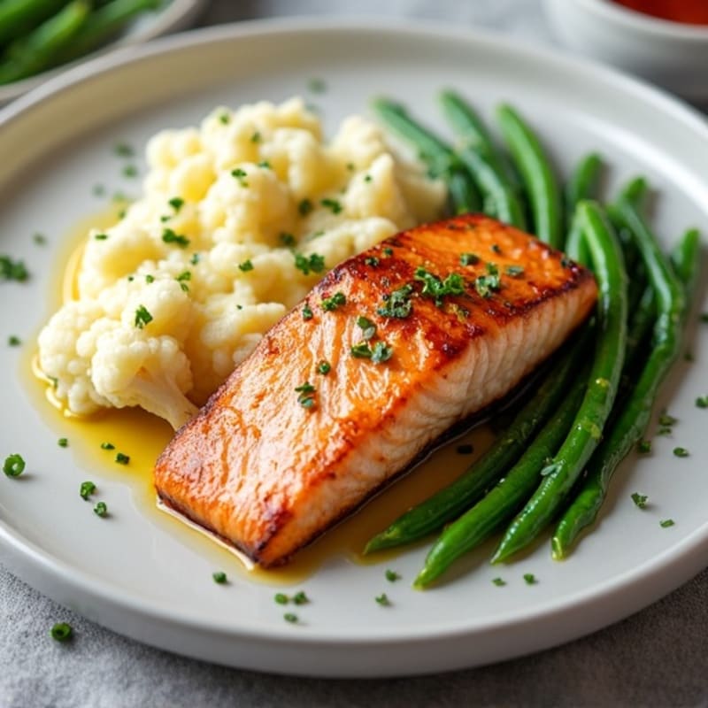 Seared Salmon with Steamed Green Beans and Garlic Mashed Cauliflower