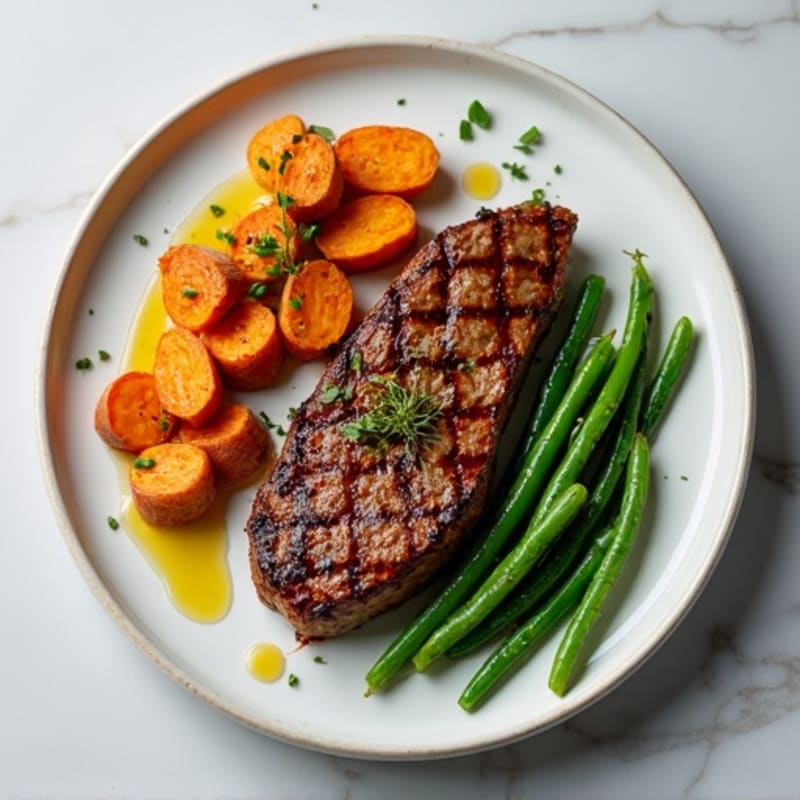 Seared Lean Beef Steak with Roasted Sweet Potato and Green Beans