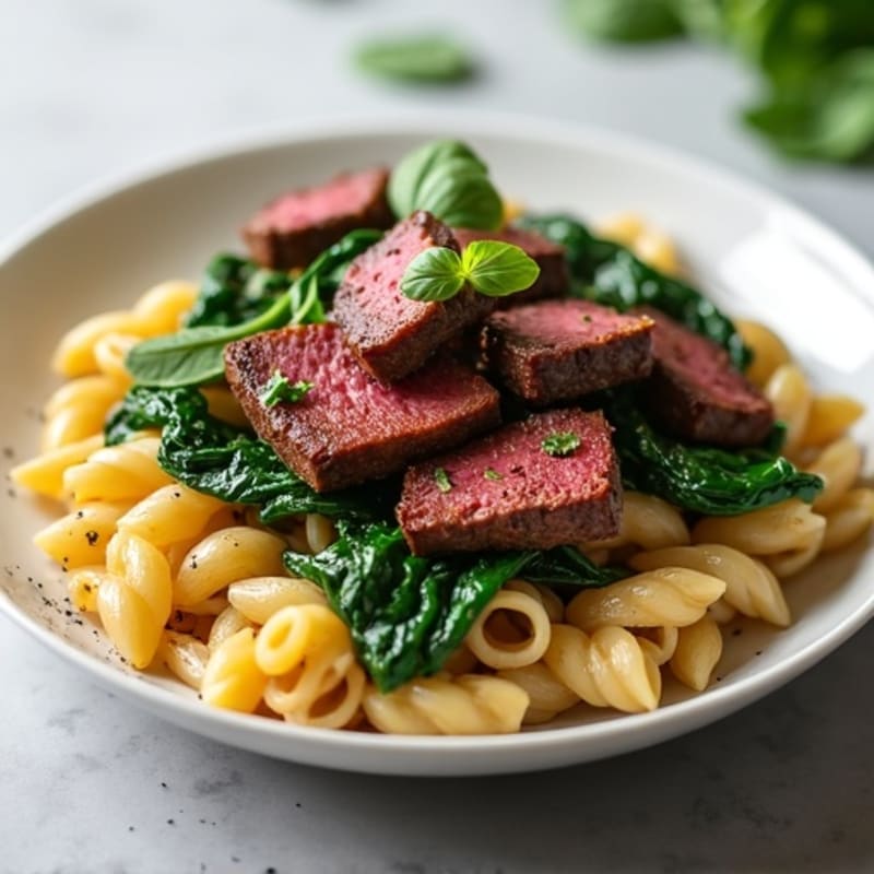 Seared Beef Strips with Garlic Pasta and Wilted Spinach