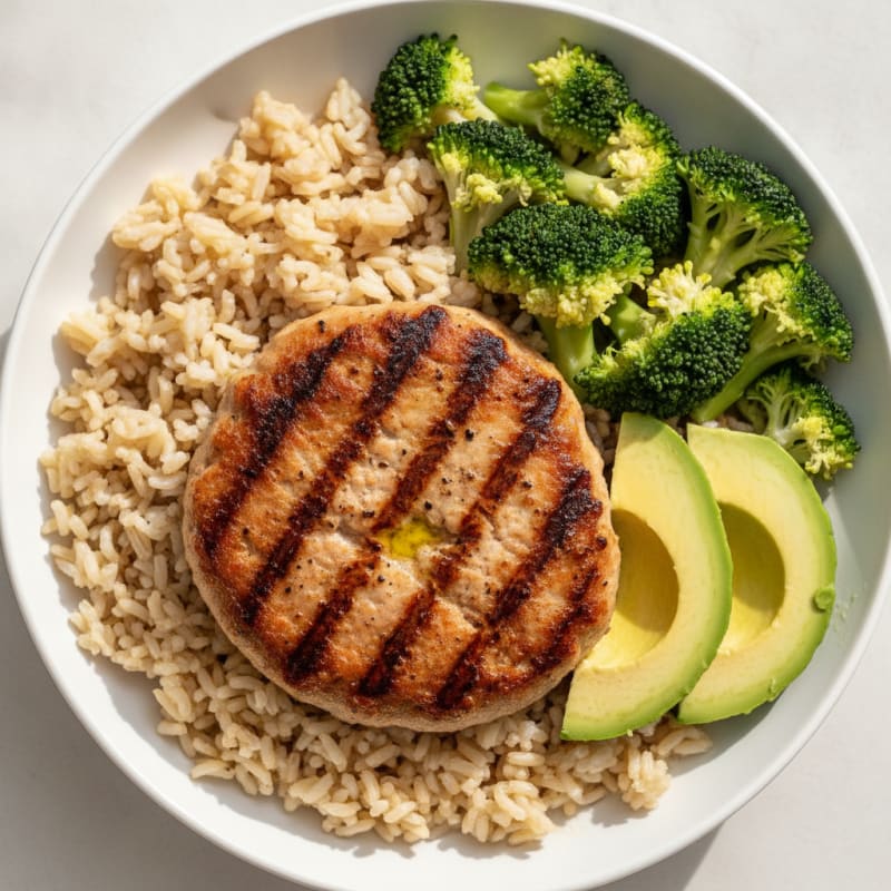 Grilled Turkey Burger Bowl with Brown Rice and Steamed Broccoli