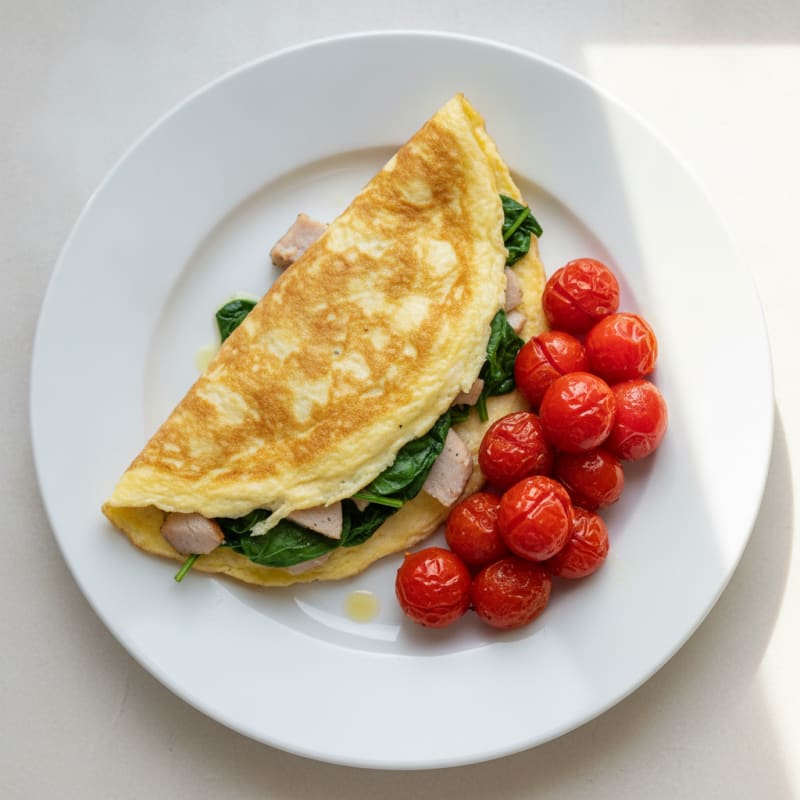 Egg White Spinach Omelette with Low-Fat Turkey and Roasted Tomatoes