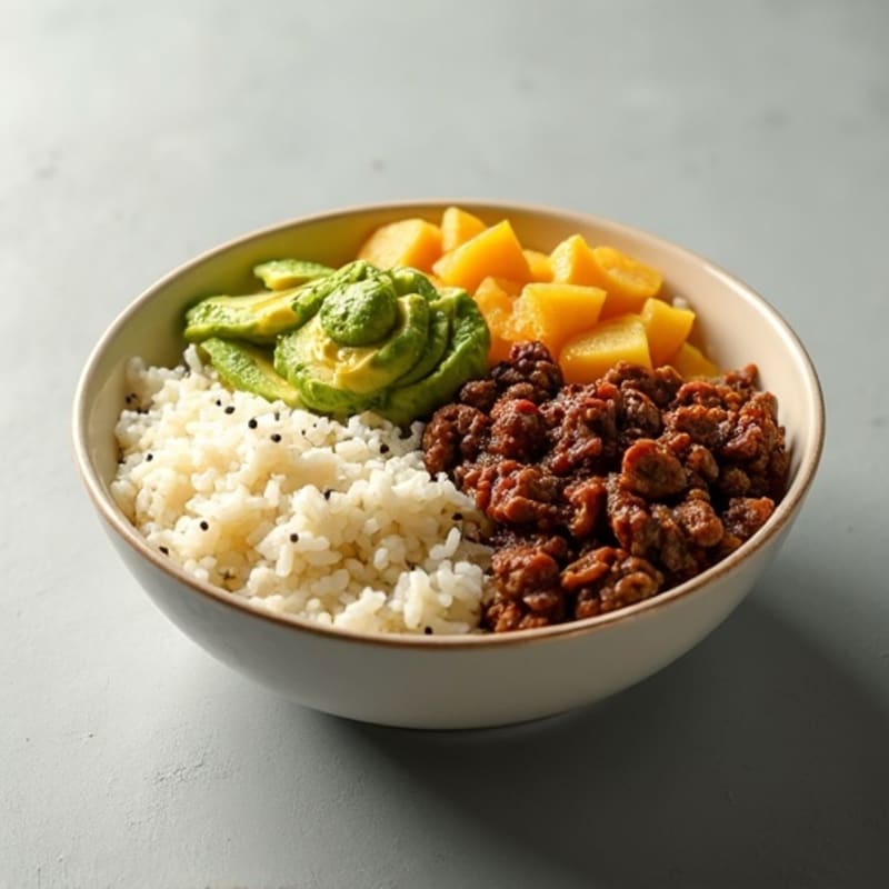 Hearty Ground Beef and Crispy Potato Bowl with Fluffy Rice and Creamy Avocado