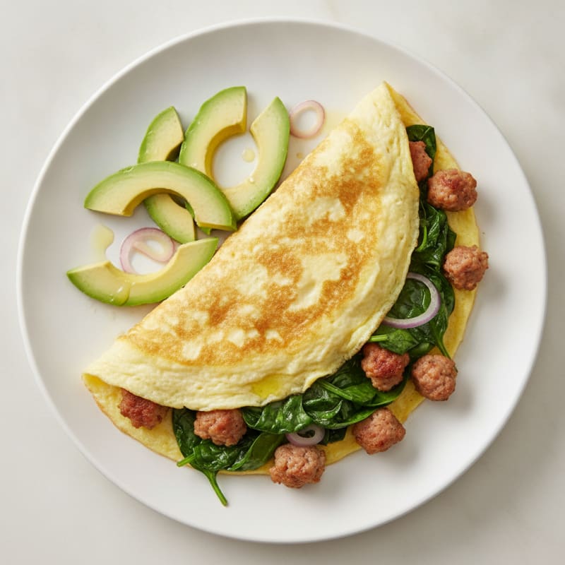 Egg White Omelet with Turkey Sausage and Sautéed Spinach