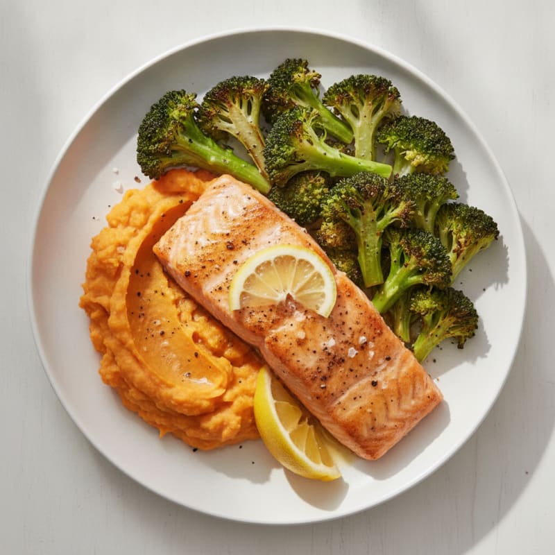 Seared Salmon Fillet with Roasted Broccoli and Sweet Potato Mash