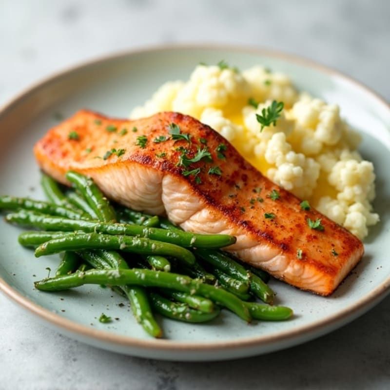Seared Salmon with Garlic Green Beans and Cauliflower Mash