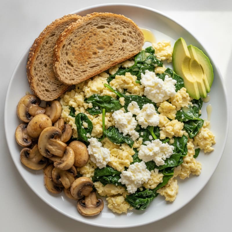 Egg White Spinach Scramble with Cottage Cheese and Sautéed Mushrooms