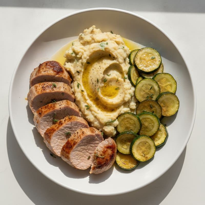 Seared Pork Tenderloin with Garlic Mashed Potatoes and Sautéed Zucchini