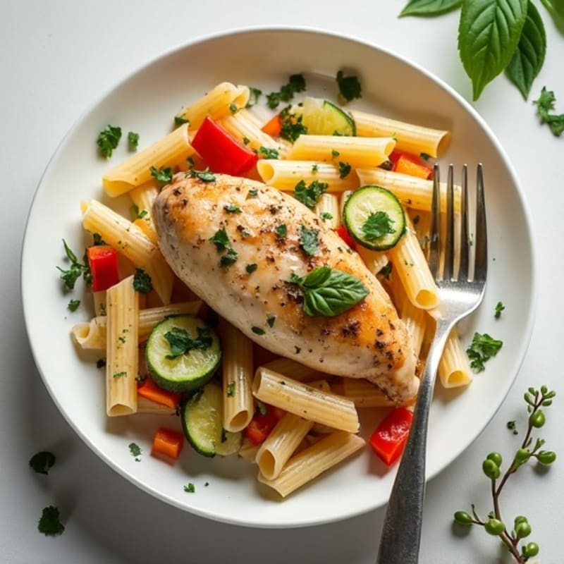 Creamy Garlic Herb Chicken Pasta with Roasted Vegetables
