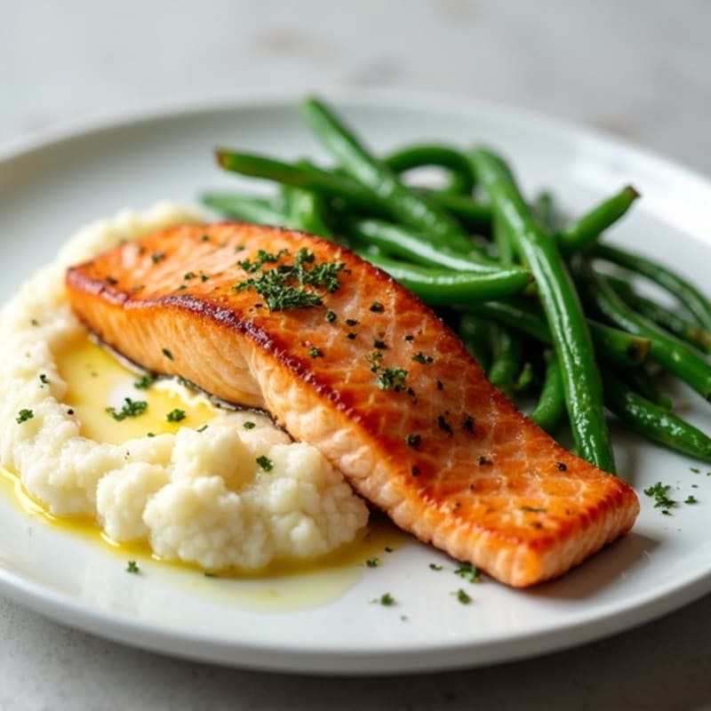 Seared Salmon with Garlic Green Beans and Cauliflower Mash