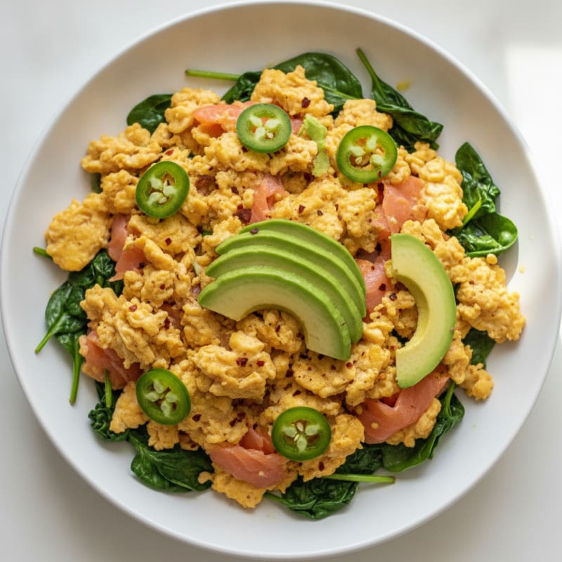 Spicy Scrambled Eggs with Smoked Salmon and Sautéed Spinach