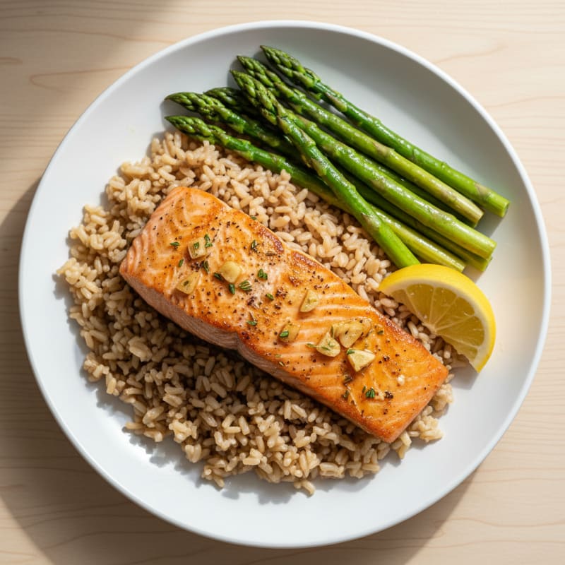 Seared Salmon Filet with Steamed Asparagus and Brown Rice