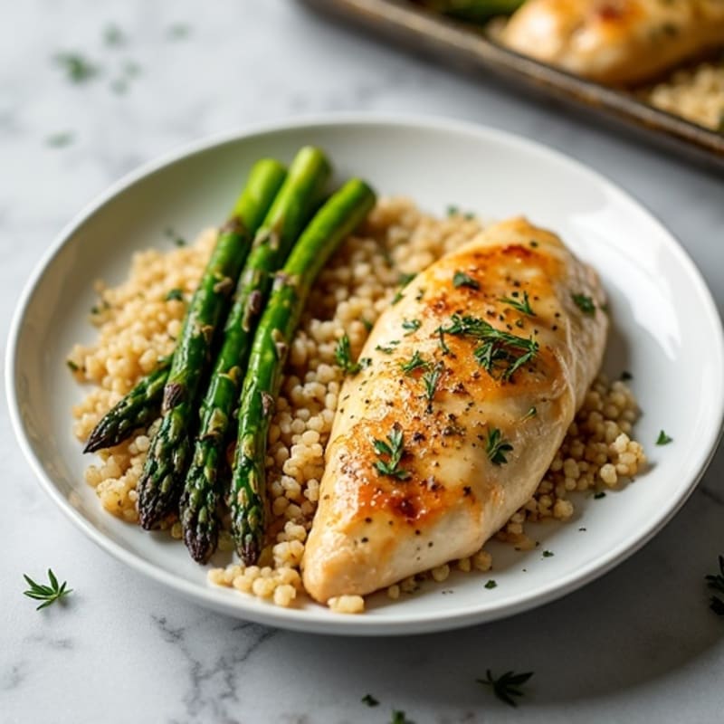 Sheet Pan Lemon Herb Chicken and Brown Rice with Roasted Asparagus