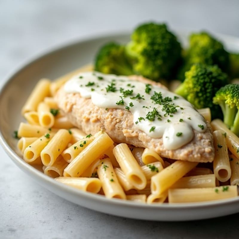 Healthy Creamy Chicken Alfredo with Roasted Broccoli
