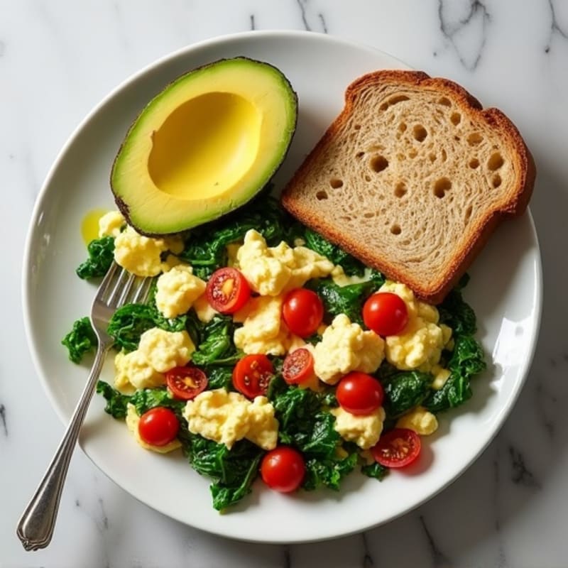 Cottage Cheese and Egg White Scramble with Sautéed Spinach and Cherry Tomatoes
