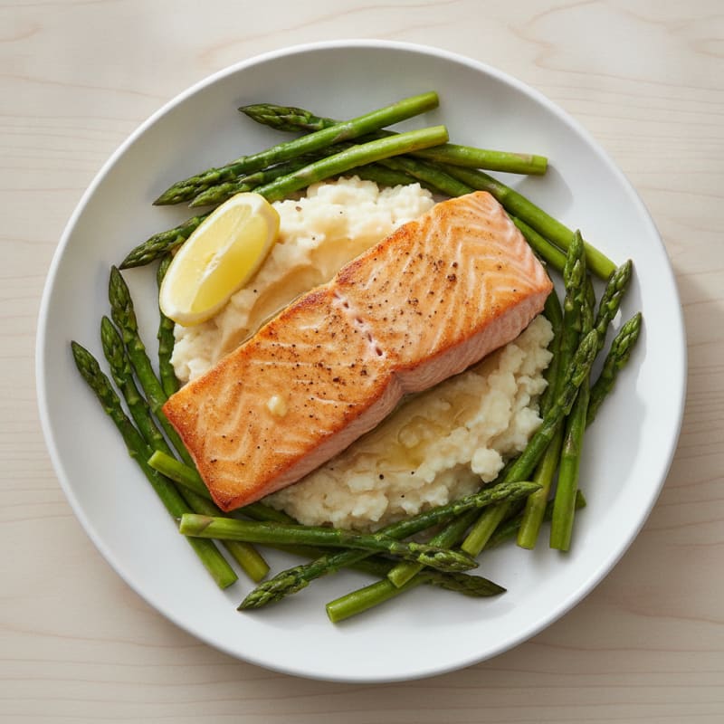 Seared Salmon Fillet with Steamed Asparagus and Garlic Mashed Cauliflower