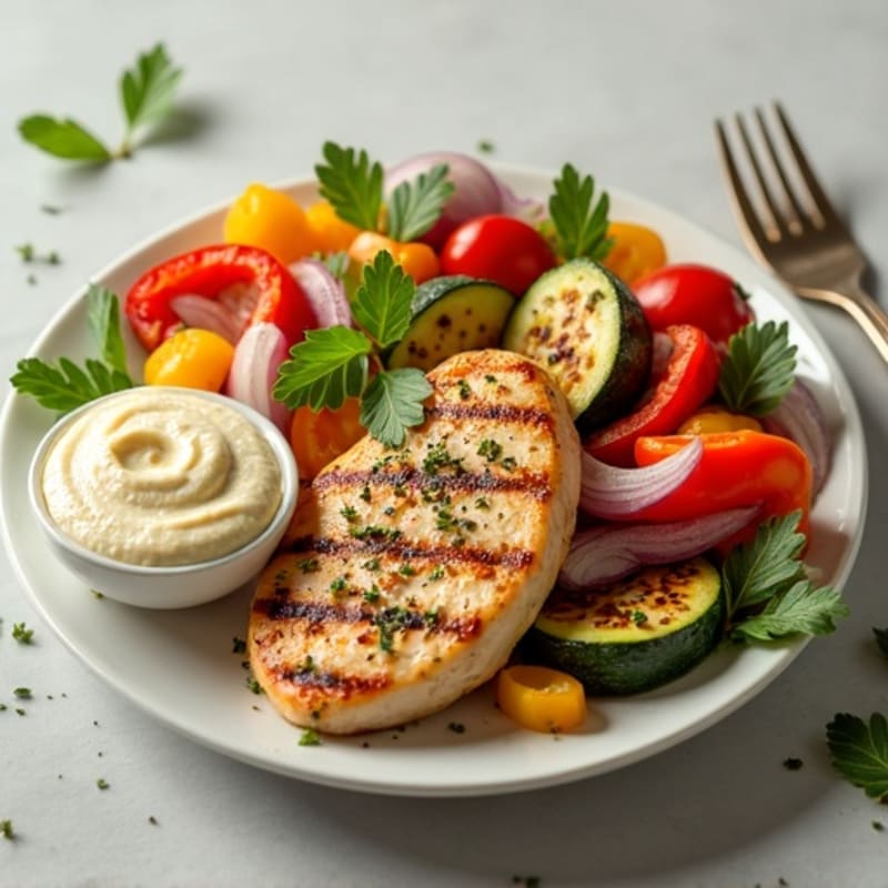 Lemon-Herb Grilled Chicken with Roasted Vegetables and Creamy Hummus
