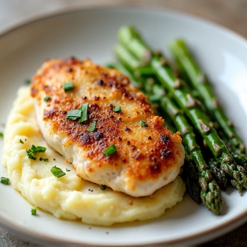 Crispy Pan-Seared Chicken with Creamy Garlic Mashed Potatoes and Roasted Asparagus