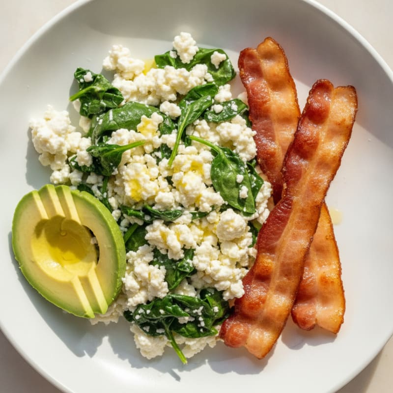 Cottage Cheese Egg White Scramble with Spinach and Turkey Bacon