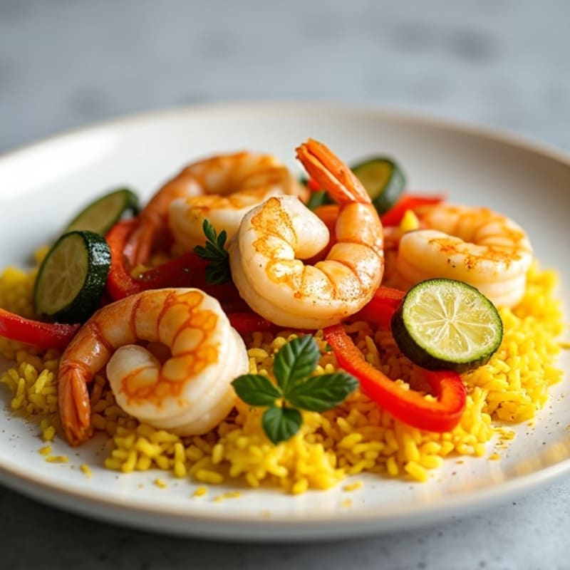 Tender Pan-Seared Seafood with Saffron Rice and Crisp Vegetables