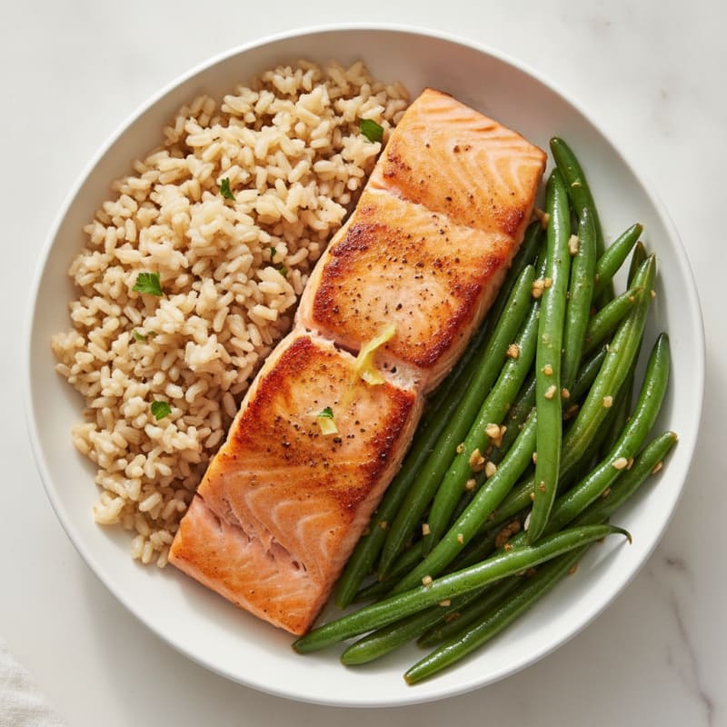 Seared Salmon with Garlic Green Beans and Brown Rice