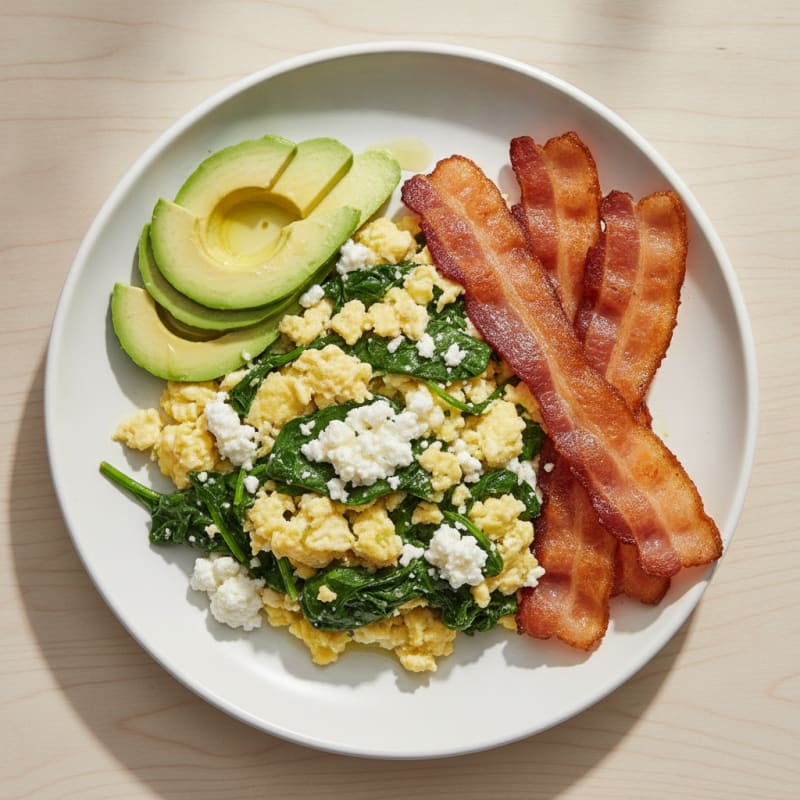 Cottage Cheese Egg Scramble with Spinach and Turkey Bacon