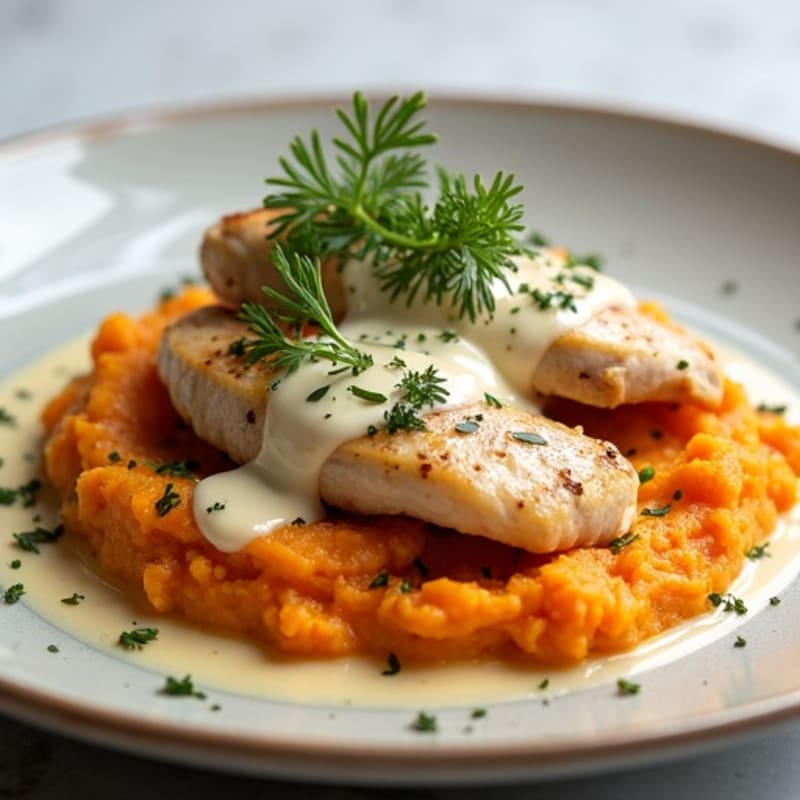Creamy Herb Chicken with Caramelized Onion Sweet Potato Mash