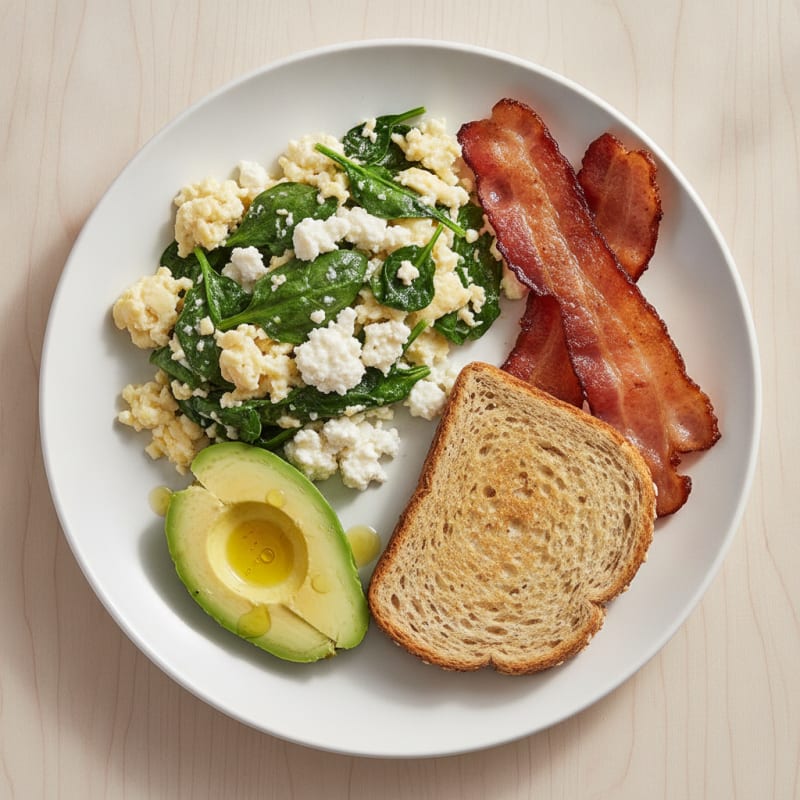 Egg White and Spinach Scramble with Cottage Cheese and Turkey Bacon