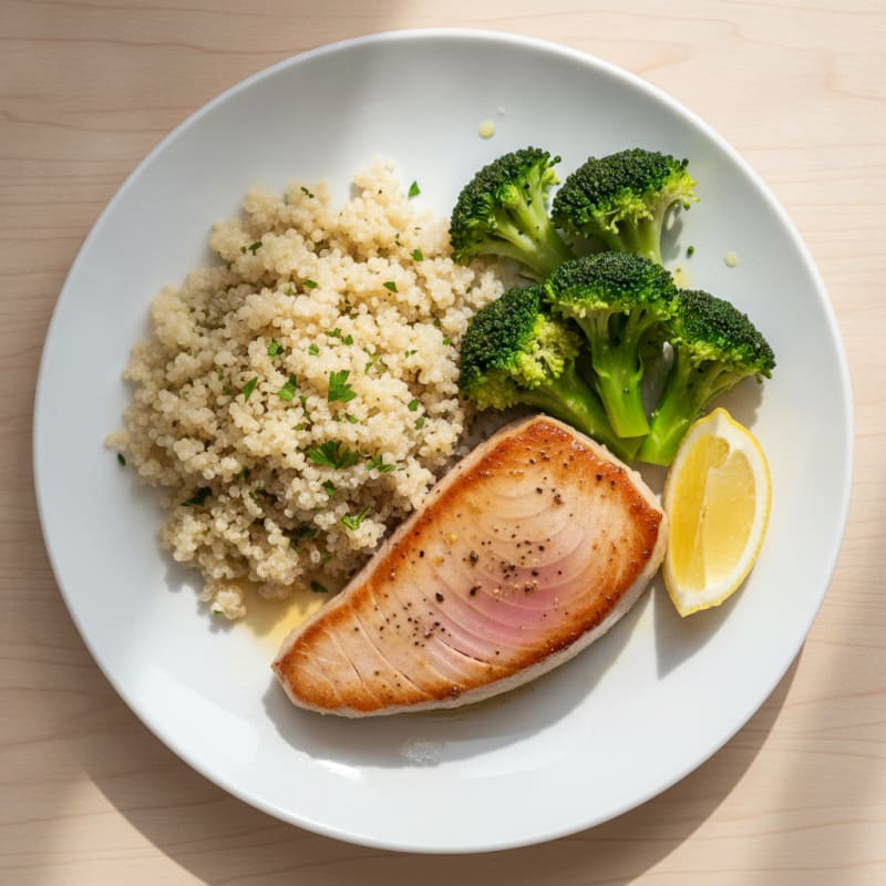 Seared Tuna Steak with Steamed Broccoli and Quinoa
