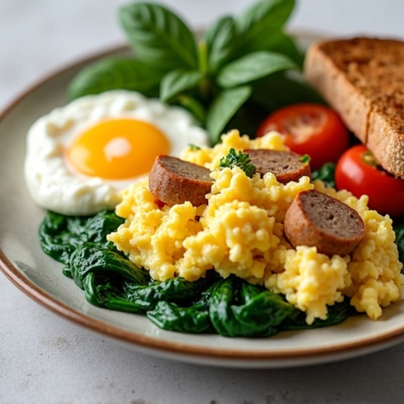 Egg White and Turkey Sausage Scramble with Cottage Cheese and Sautéed Spinach