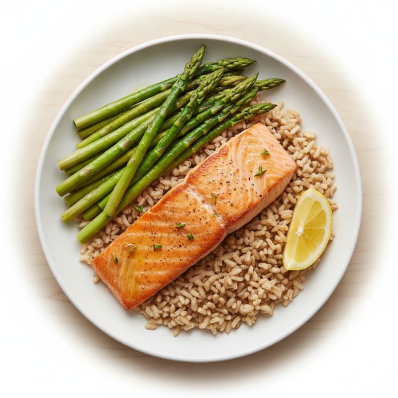 Seared Salmon with Steamed Asparagus and Brown Rice