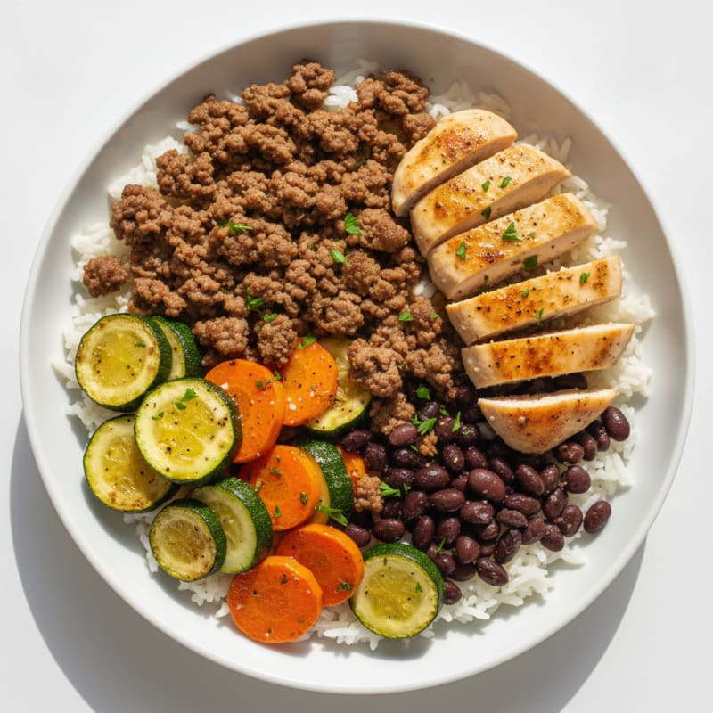 Beef and Chicken Power Bowl with Roasted Vegetables