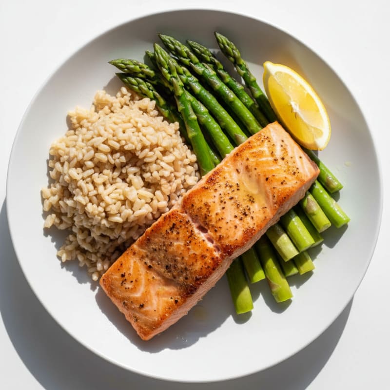 Seared Salmon with Steamed Asparagus and Brown Rice