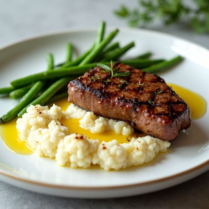 Seared Lean Beef with Steamed Green Beans and Cauliflower Mash