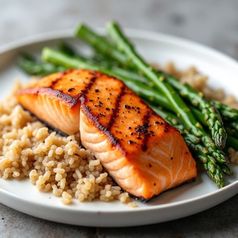Seared Salmon Fillet with Steamed Asparagus and Brown Rice