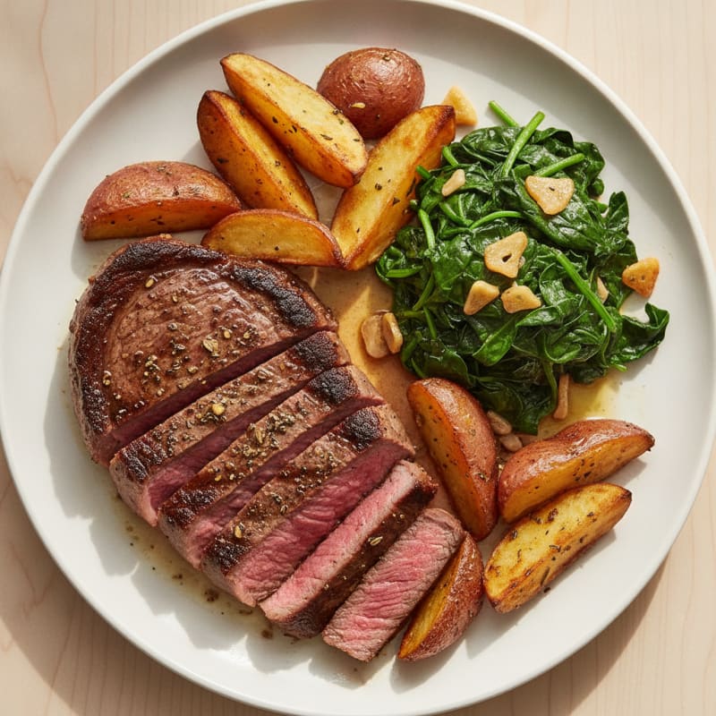Seared Beef Steak with Garlic Spinach and Roasted Potatoes