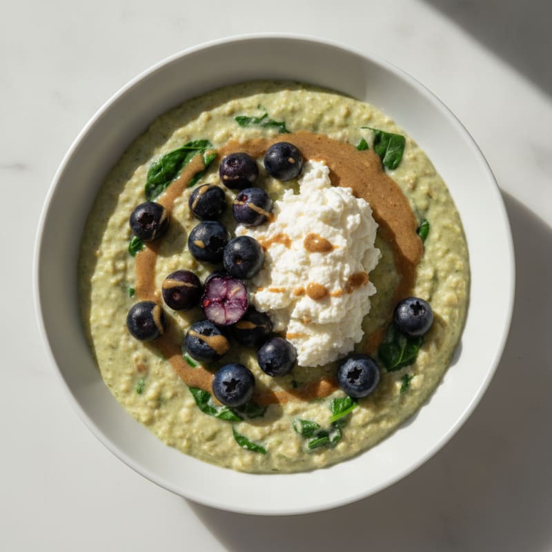 Egg White Spinach Oatmeal with Cottage Cheese and Berries
