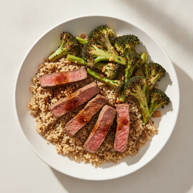 Seared Lean Beef Strips with Roasted Broccoli and Quinoa