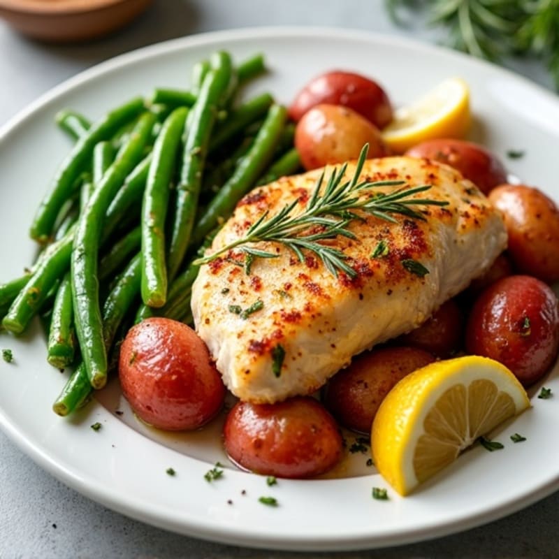 Crispy Herb Roasted Red Potatoes with Lemon Garlic Chicken and Green Beans